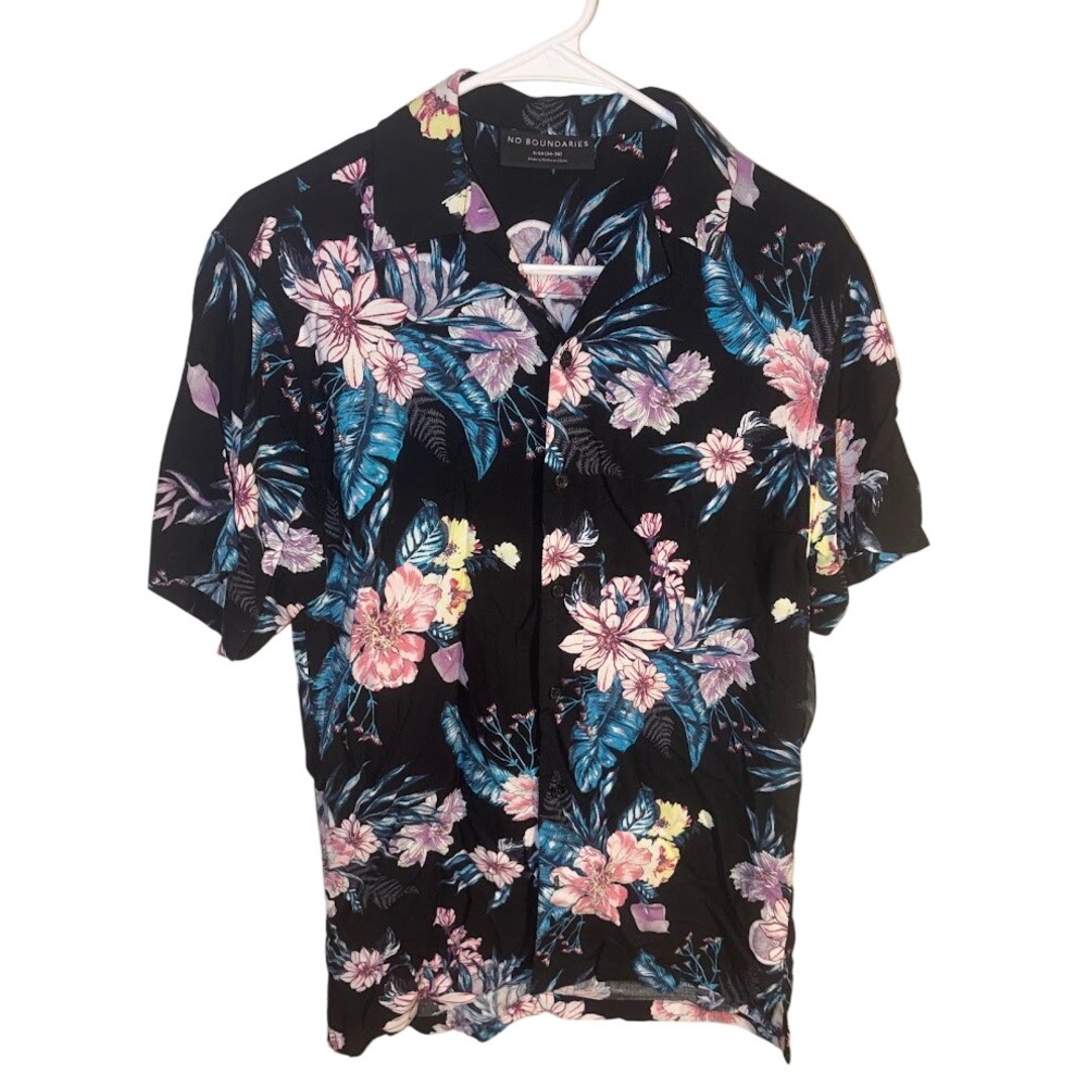 No Boundaries Mens Floral Button Up Shirt Short Sleeve‎ Black Tropical S